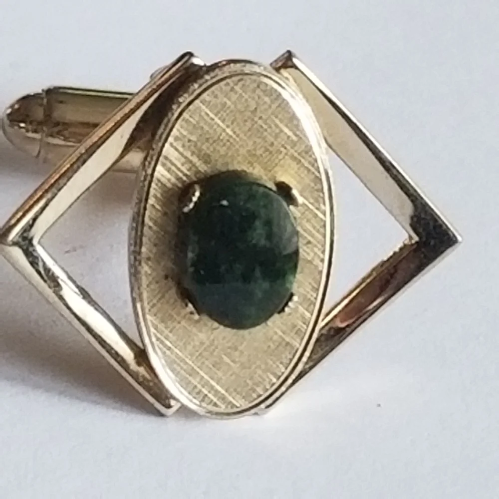 Vintage cufflinks by Dante pale gold tone metal green stone cabochons